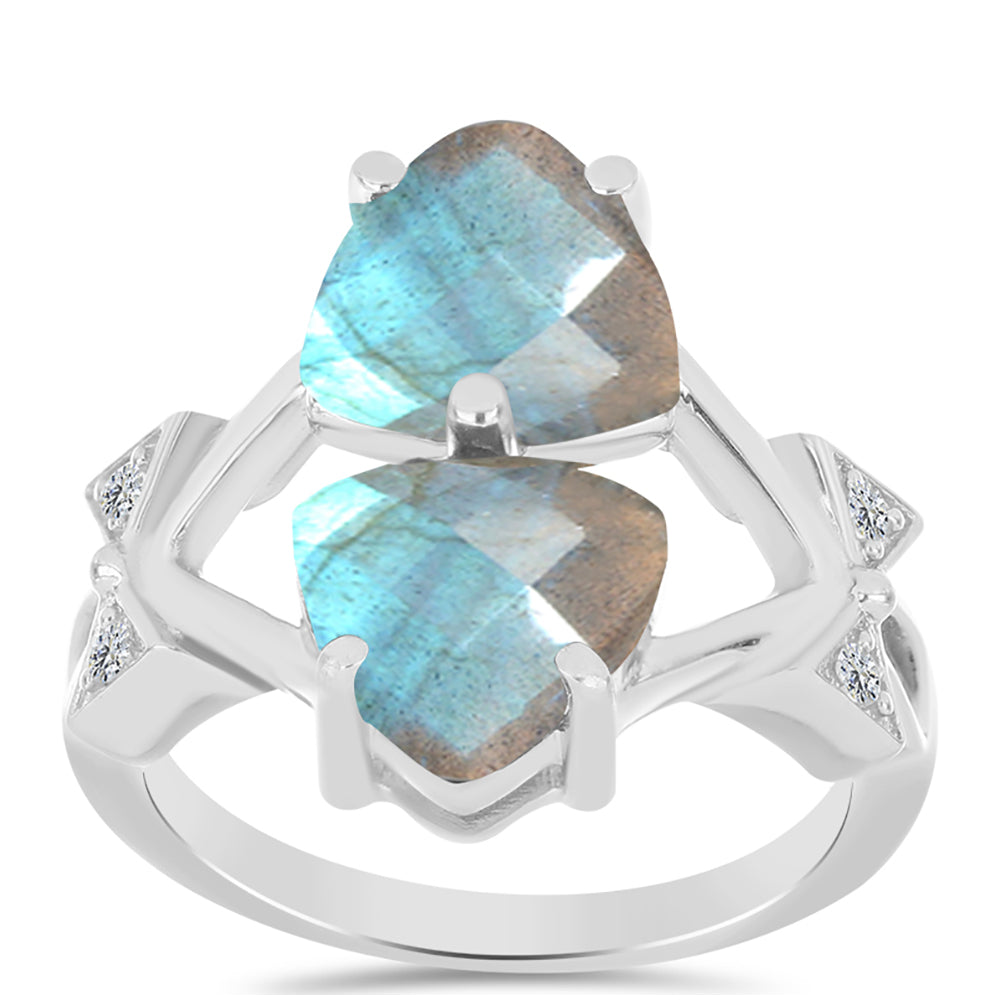 Anillo de Plata con Labradorita de las Minas de Gullgruvene y Topacio Blanco