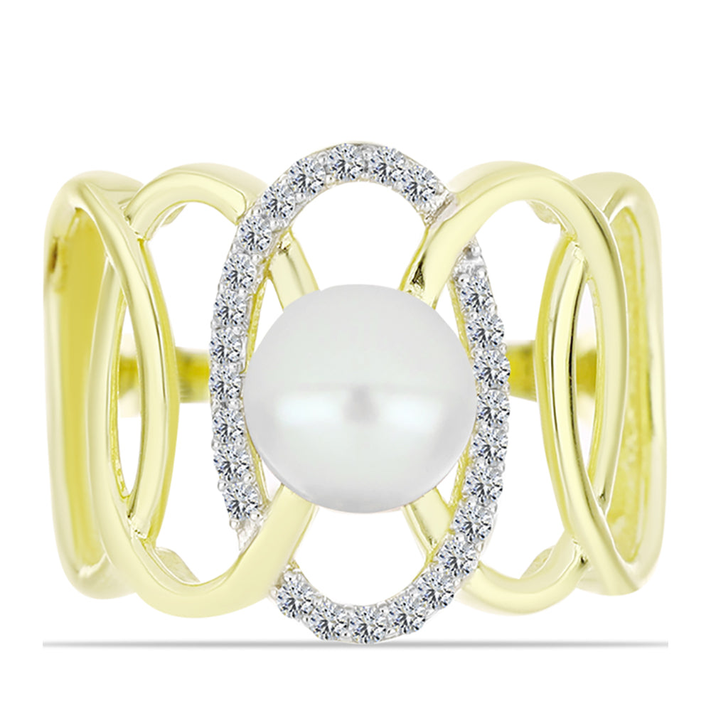 Anillo de Plata Bañada en Oro con Perla de Agua Dulce y Topacio Blanco 1 