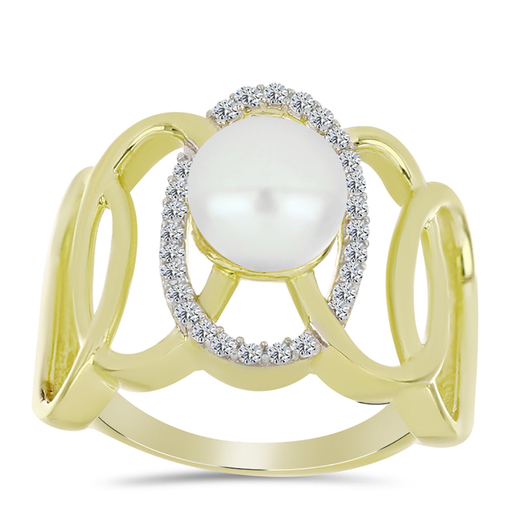 Anillo de Plata Bañada en Oro con Perla de Agua Dulce y Topacio Blanco 3 