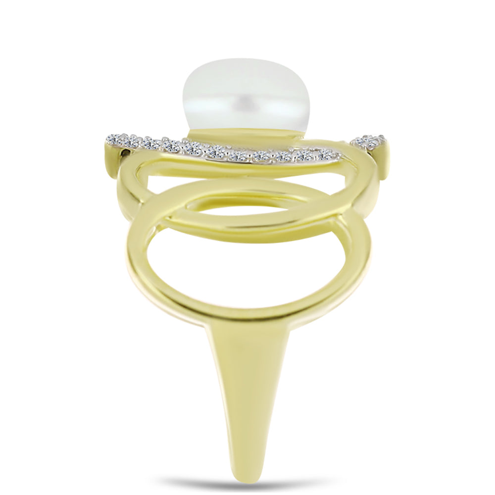 Anillo de Plata Bañada en Oro con Perla de Agua Dulce y Topacio Blanco