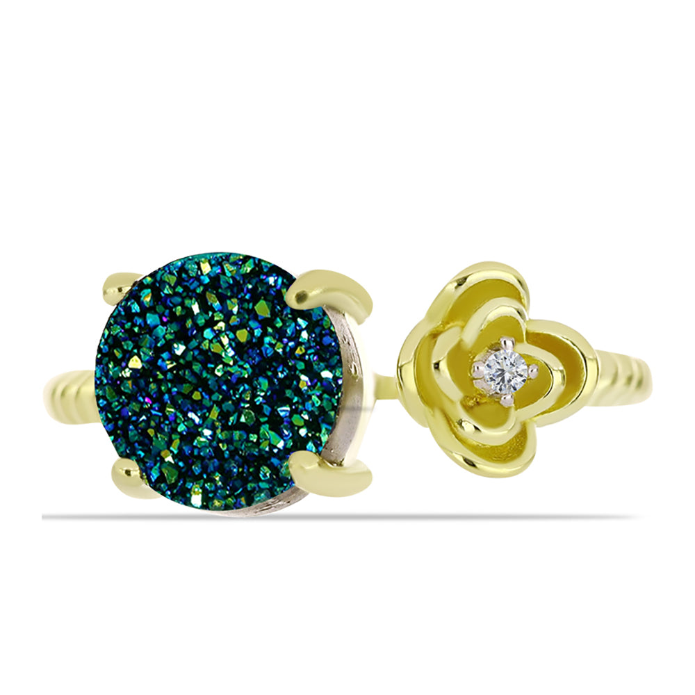 Anillo de Plata Bañada en Oro con Drusa Verde y Topacio Blanco 1 