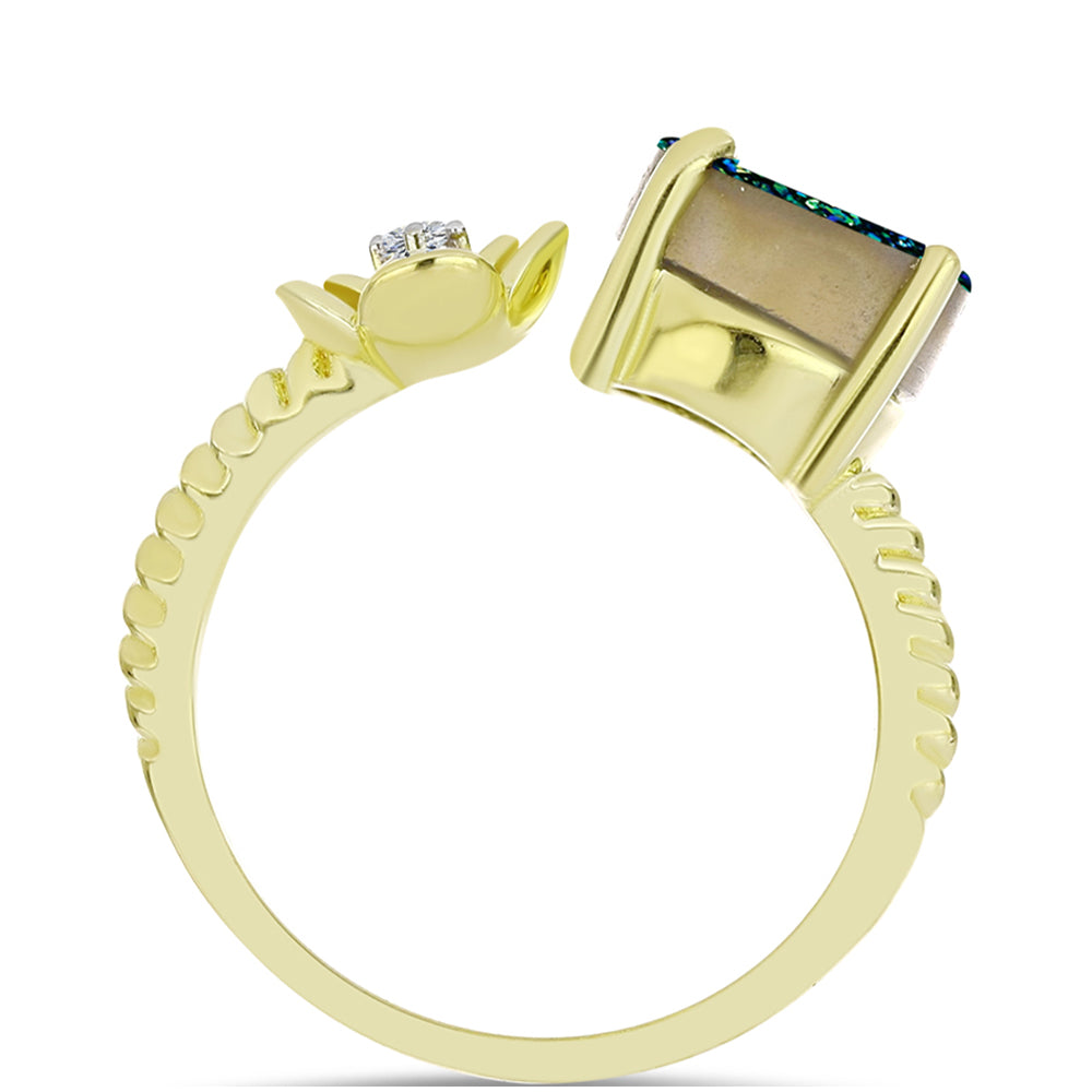 Anillo de Plata Bañada en Oro con Drusa Verde y Topacio Blanco