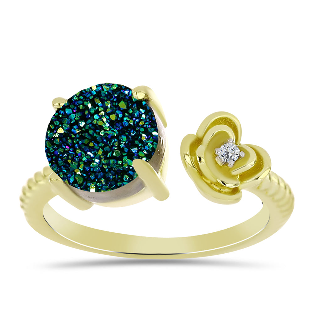 Anillo de Plata Bañada en Oro con Drusa Verde y Topacio Blanco