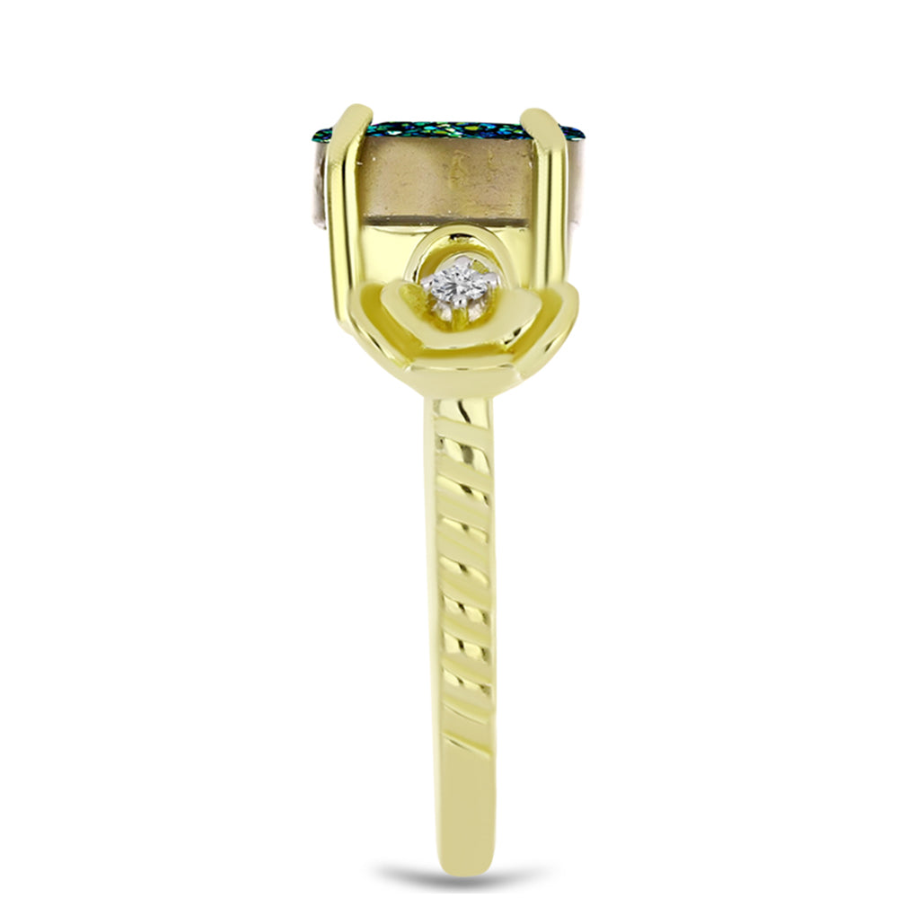 Anillo de Plata Bañada en Oro con Drusa Verde y Topacio Blanco 4 