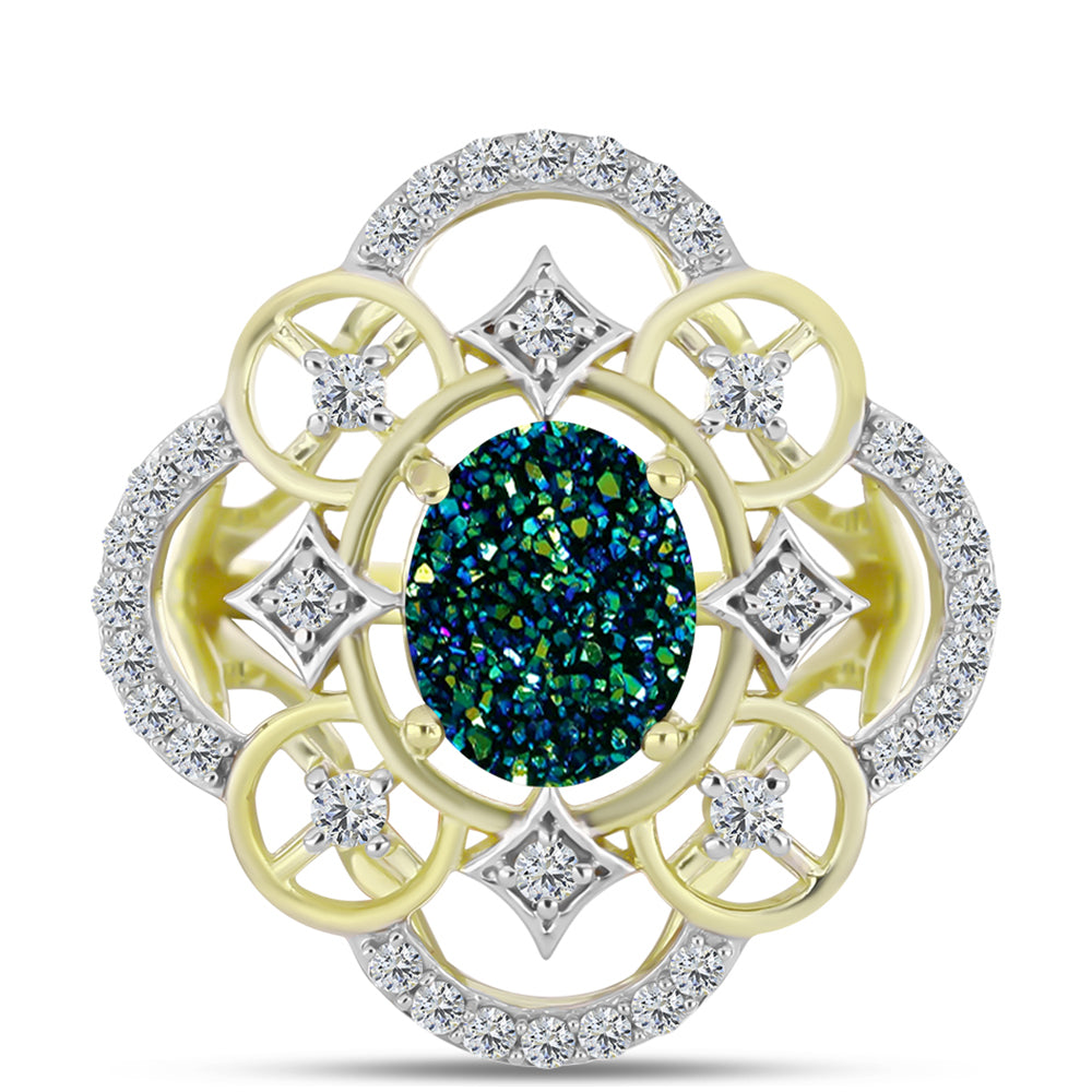 Anillo de Plata Bañada en Oro con Drusa Verde y Topacio Blanco