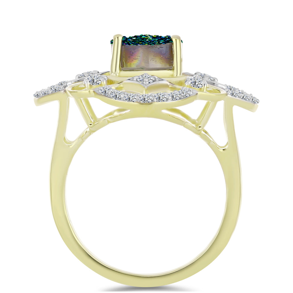 Anillo de Plata Bañada en Oro con Drusa Verde y Topacio Blanco 2 