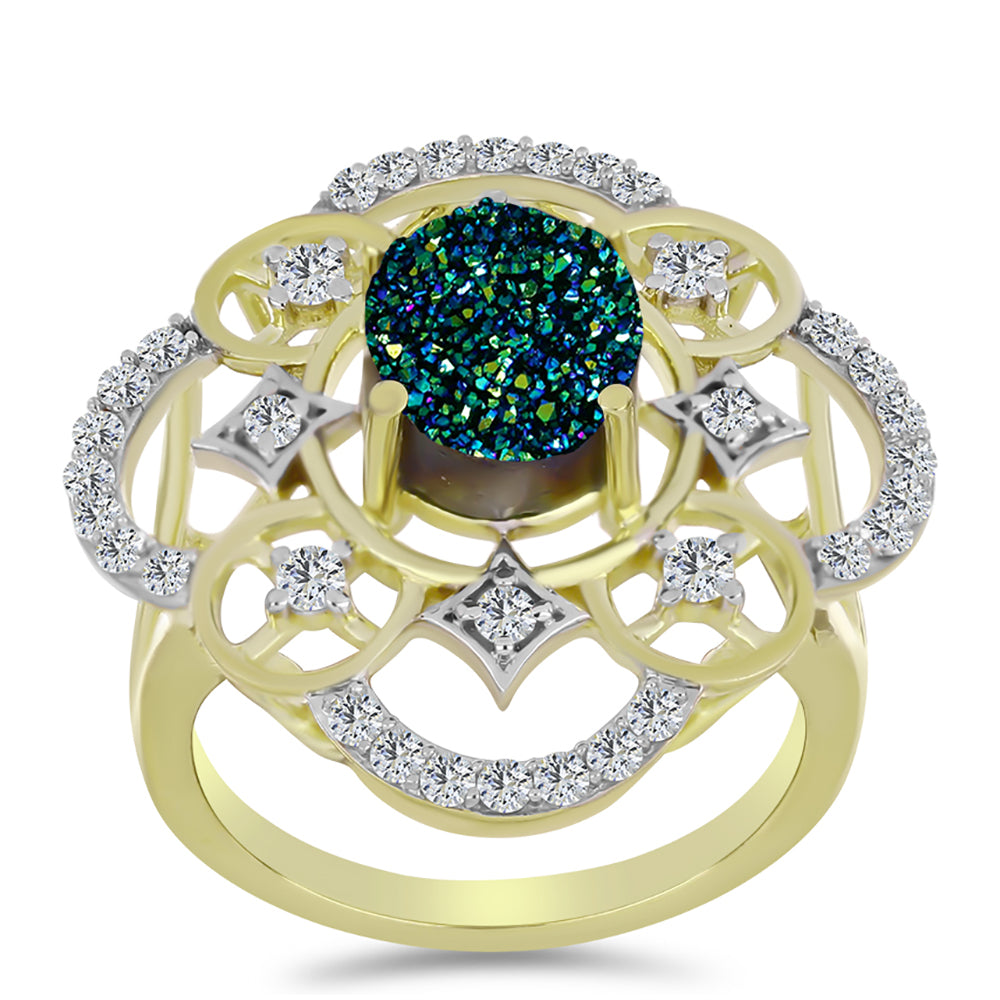 Anillo de Plata Bañada en Oro con Drusa Verde y Topacio Blanco 3 