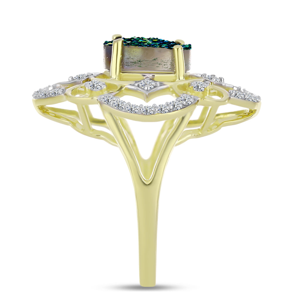Anillo de Plata Bañada en Oro con Drusa Verde y Topacio Blanco