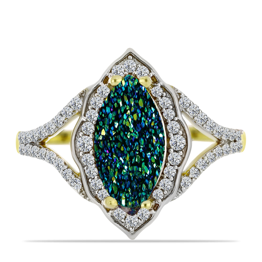 Anillo de Plata Bañada en Oro con Drusa Verde y Topacio Blanco