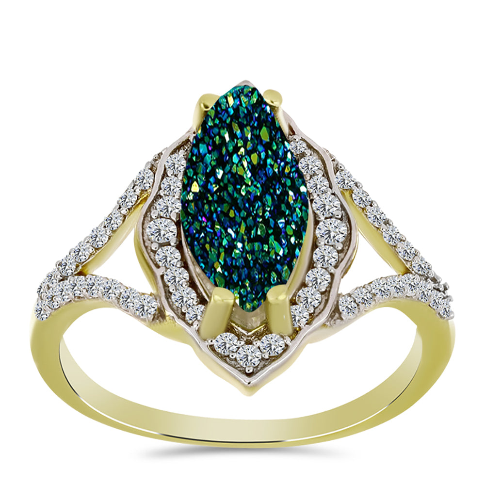 Anillo de Plata Bañada en Oro con Drusa Verde y Topacio Blanco 3 