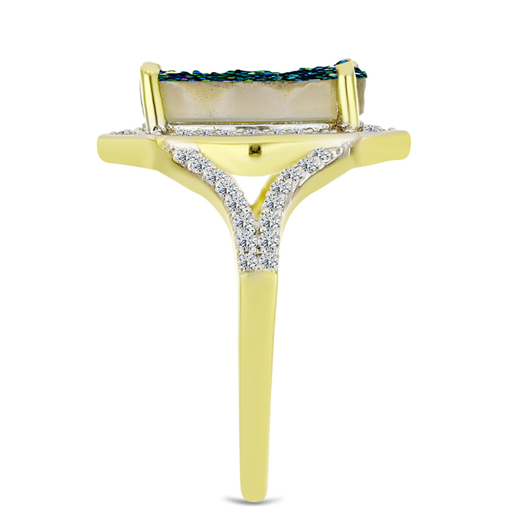 Anillo de Plata Bañada en Oro con Drusa Verde y Topacio Blanco 4 