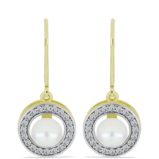 Pendientes de Plata Bañada en Oro con Perla de Agua Dulce y Topacio Blanco