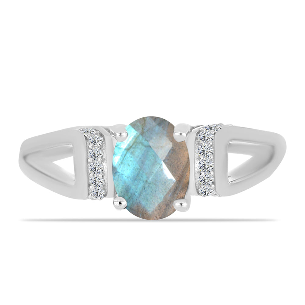 Anillo de Plata con Labradorita de las Minas de Gullgruvene y Topacio Blanco