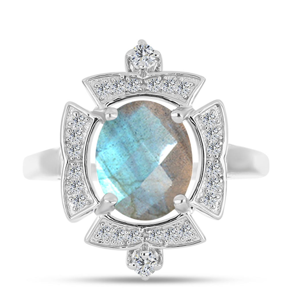 Anillo de Plata con Labradorita de las Minas de Gullgruvene y Topacio Blanco