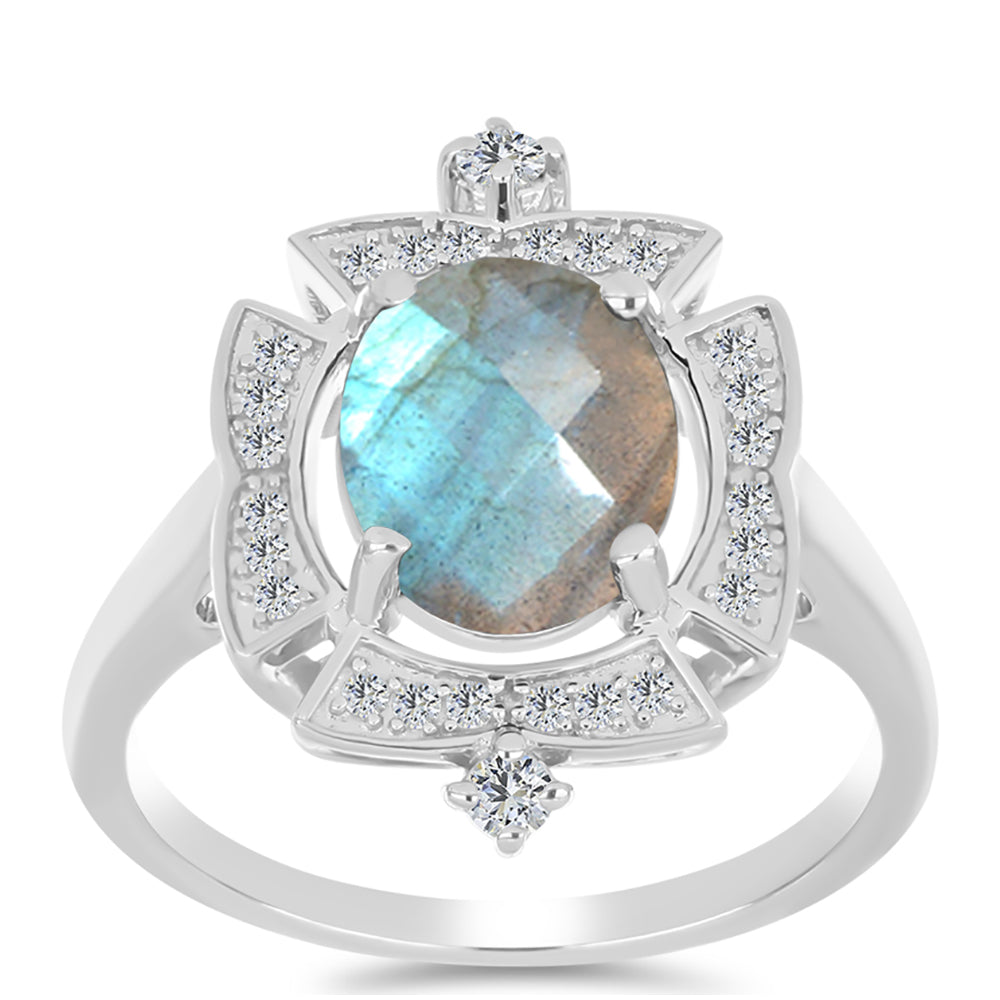 Anillo de Plata con Labradorita de las Minas de Gullgruvene y Topacio Blanco 3 