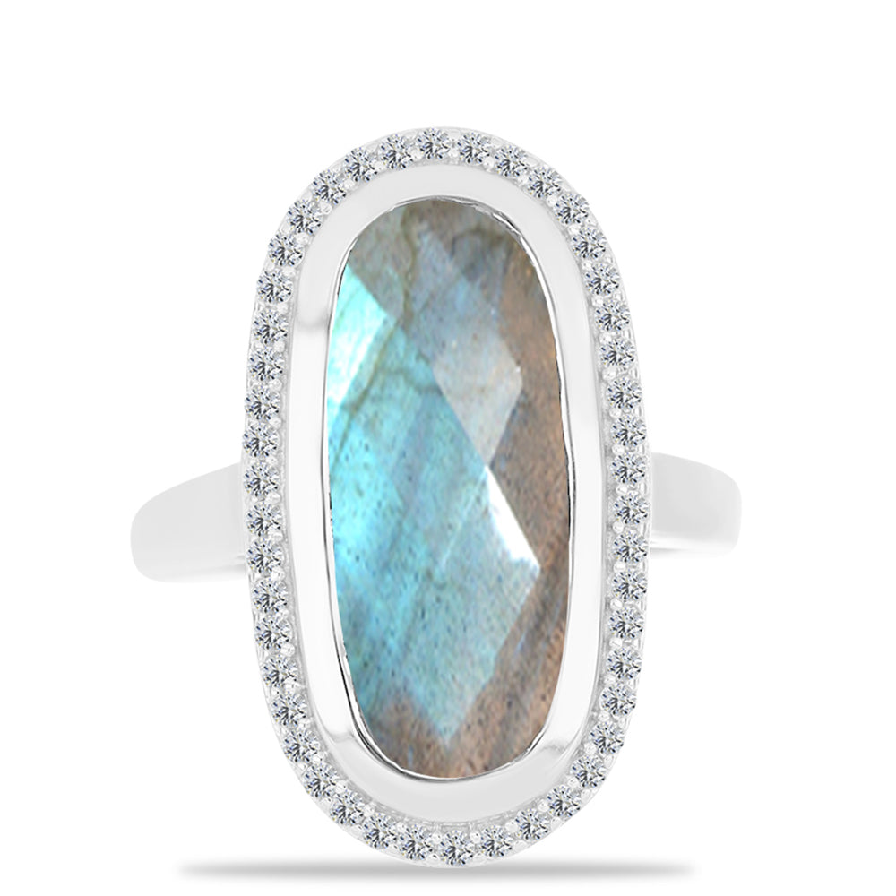 Anillo de Plata con Labradorita de las Minas de Gullgruvene y Topacio Blanco