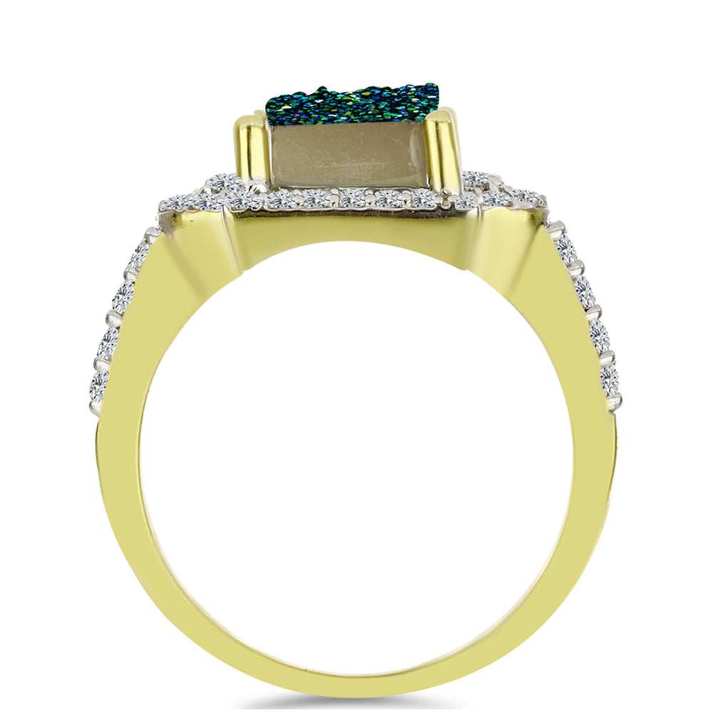 Anillo de Plata Bañada en Oro con Drusa Verde y Topacio Blanco