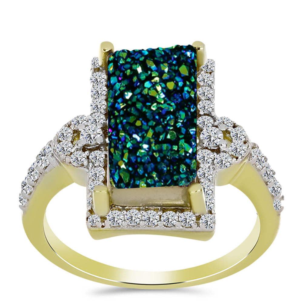 Anillo de Plata Bañada en Oro con Drusa Verde y Topacio Blanco 3 