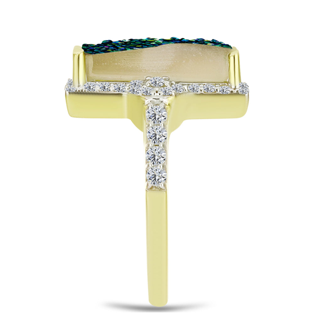 Anillo de Plata Bañada en Oro con Drusa Verde y Topacio Blanco 4 