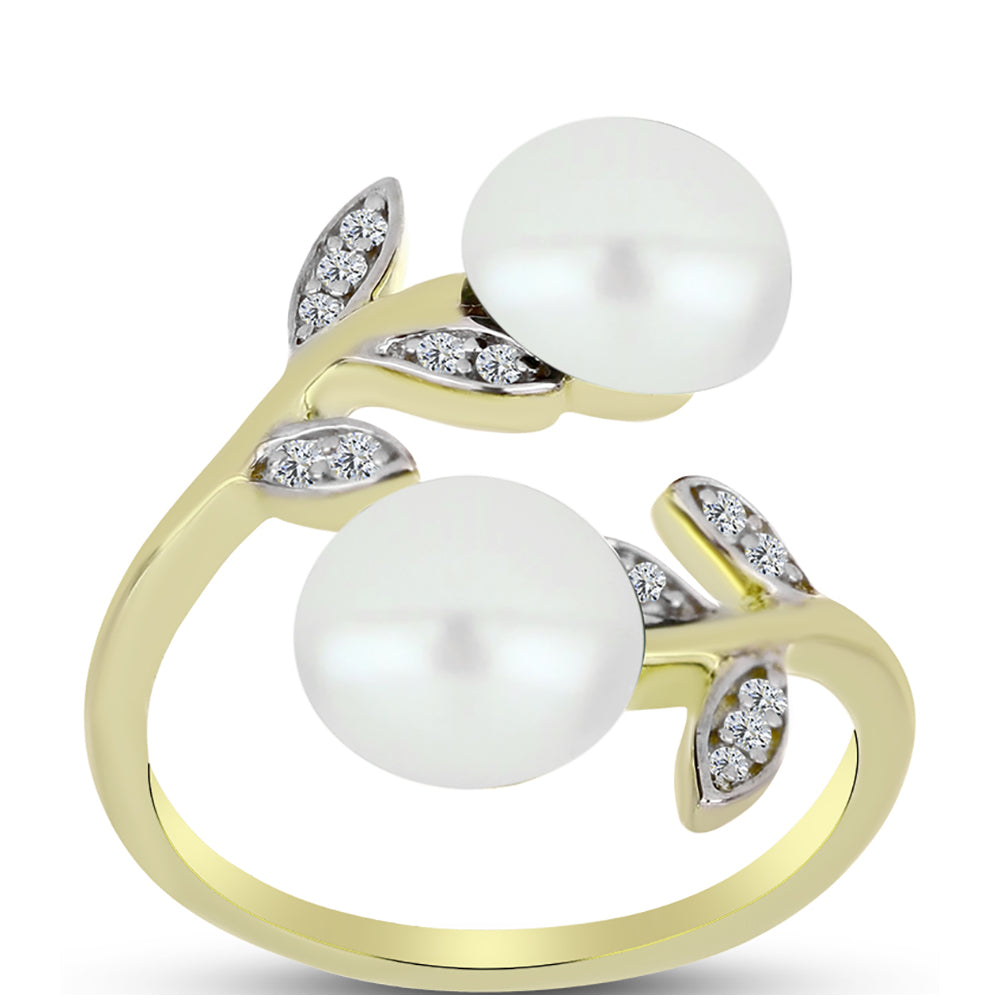 Anillo de Plata Bañada en Oro con Perla de Agua Dulce y Topacio Blanco