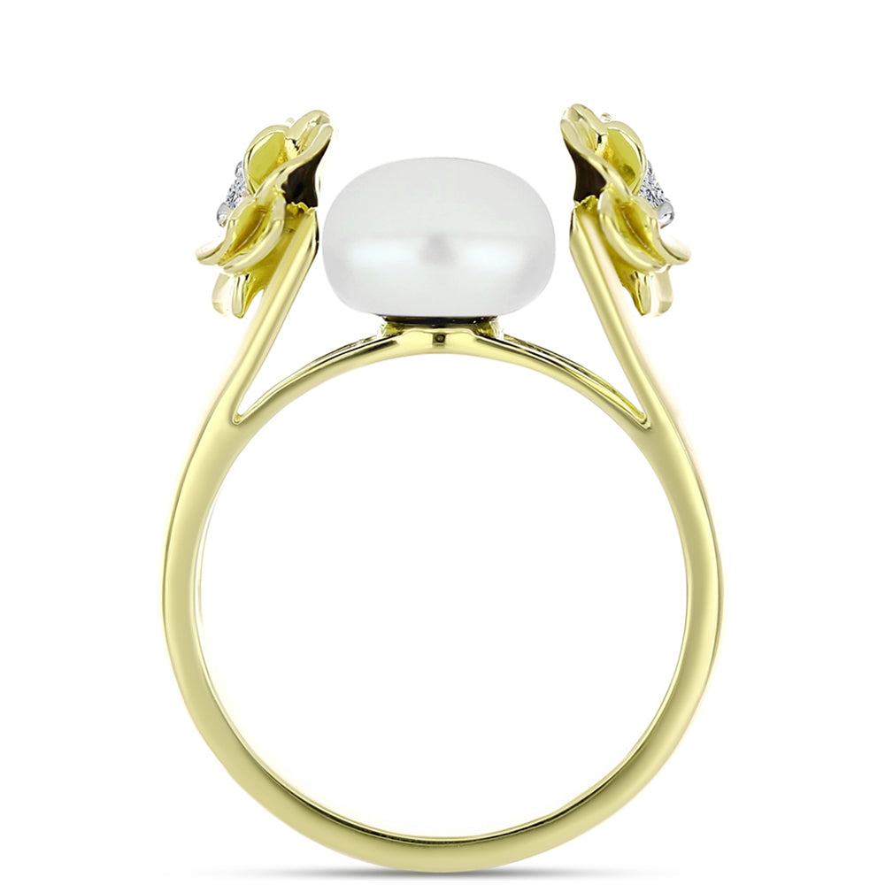 Anillo de Plata Bañada en Oro con Perla de Agua Dulce y Topacio Blanco