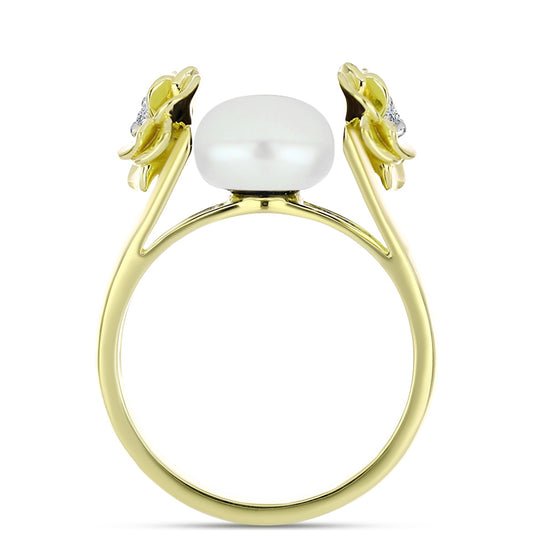 Anillo de Plata Bañada en Oro con Perla de Agua Dulce y Topacio Blanco