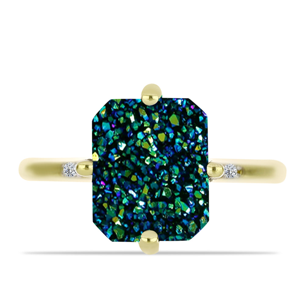 Anillo de Plata Bañada en Oro con Drusa Verde y Topacio Blanco