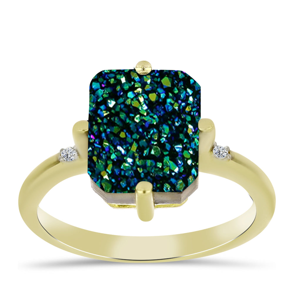 Anillo de Plata Bañada en Oro con Drusa Verde y Topacio Blanco