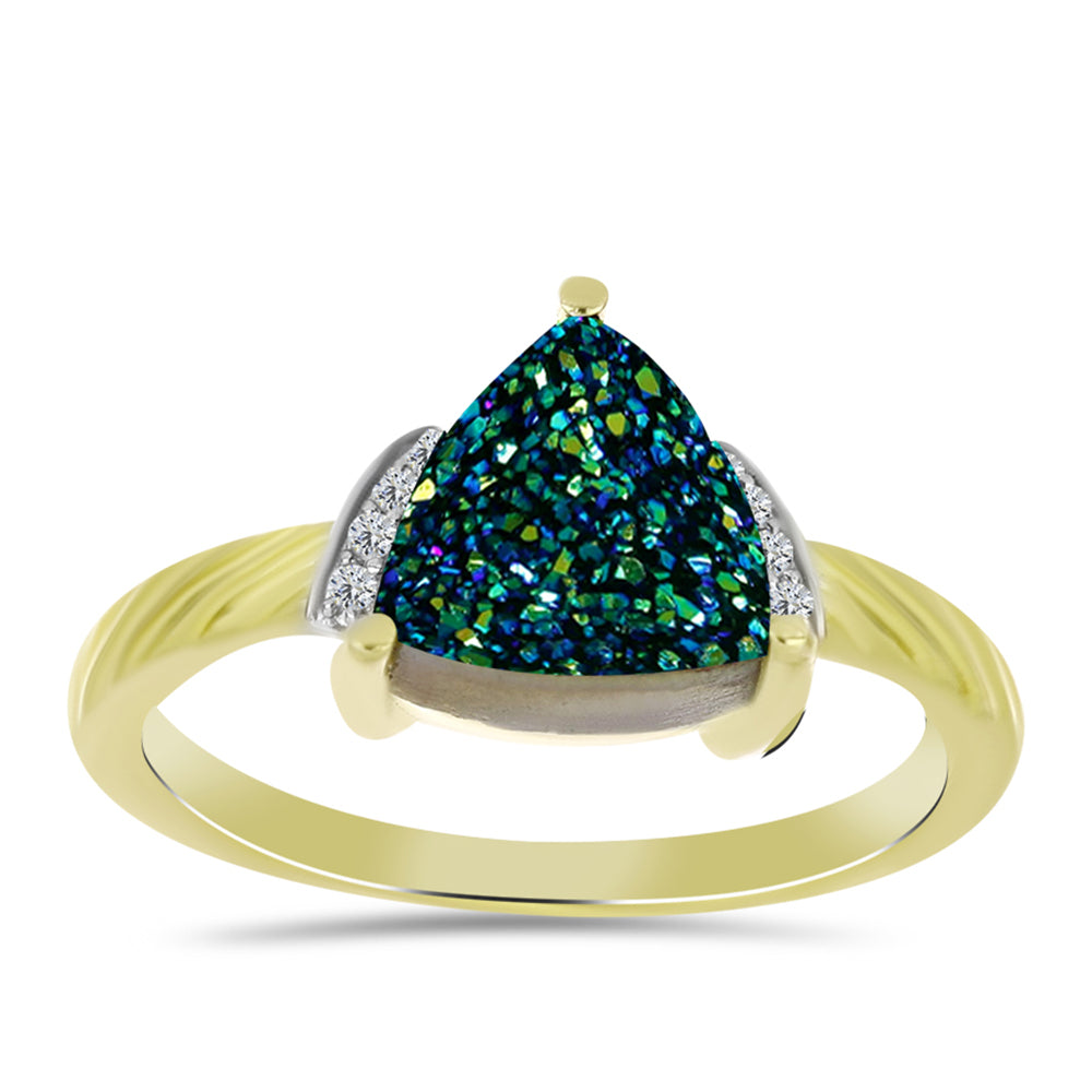 Anillo de Plata Bañada en Oro con Drusa Verde y Topacio Blanco 3 