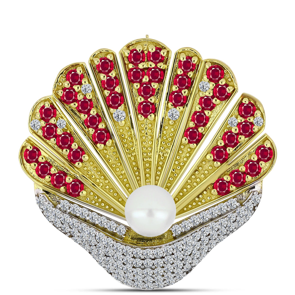 Broche de Plata Bañada en Oro con Rubí de Madagascar y Perla de Agua Dulce 1 