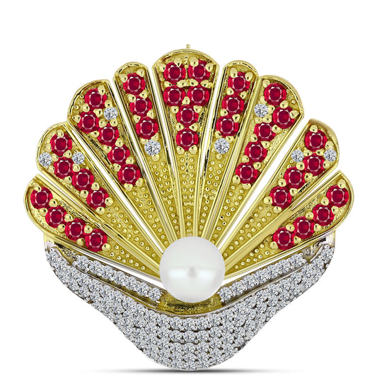 Broche de Plata Bañada en Oro con Rubí de Madagascar y Perla de Agua Dulce