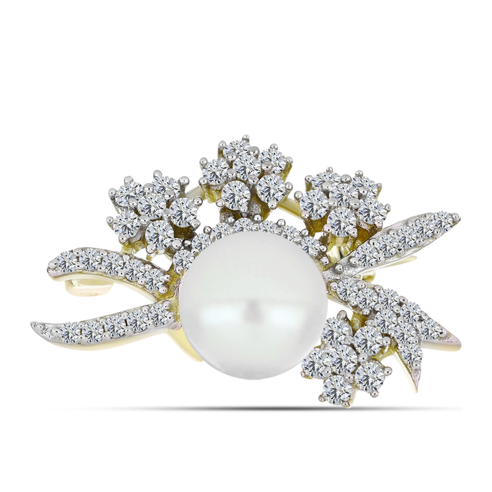 Broche de Plata Bañada en Oro con Perla de Agua Dulce y Topacio Blanco