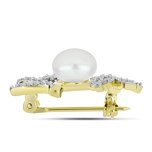 Broche de Plata Bañada en Oro con Perla de Agua Dulce y Topacio Blanco