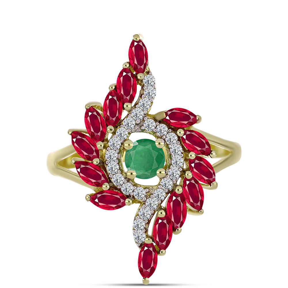 Anillo de Plata Bañada en Oro con Esmeralda de Brasil y Rubí de Madagascar