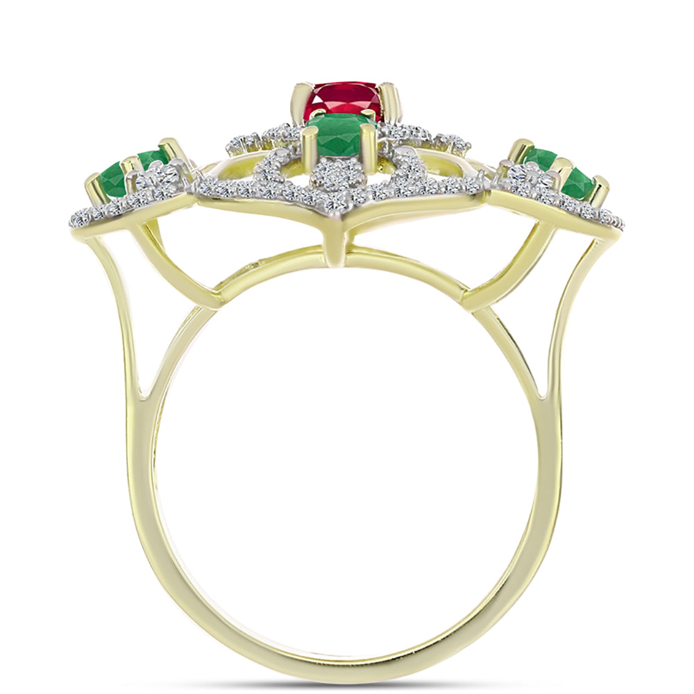 Anillo de Plata Bañada en Oro con Esmeralda de Brasil y Rubí de Madagascar