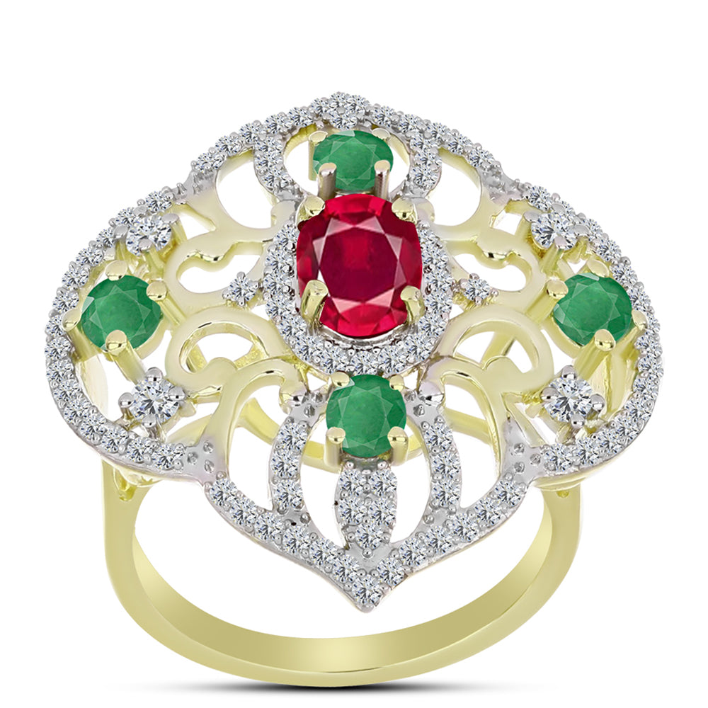 Anillo de Plata Bañada en Oro con Esmeralda de Brasil y Rubí de Madagascar