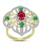 Anillo de Plata Bañada en Oro con Esmeralda de Brasil y Rubí de Madagascar