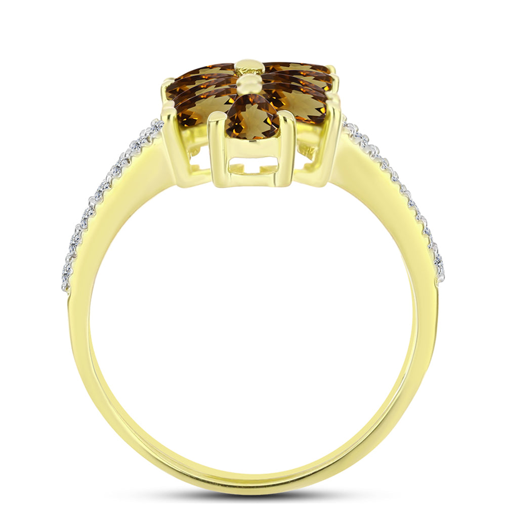Anillo de Plata Bañada en Oro con Cuarzo Coñac y Topacio Blanco
