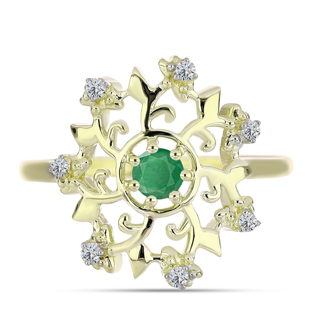 Anillo de Plata Bañada en Oro con Esmeralda de Brasil y Topacio Blanco