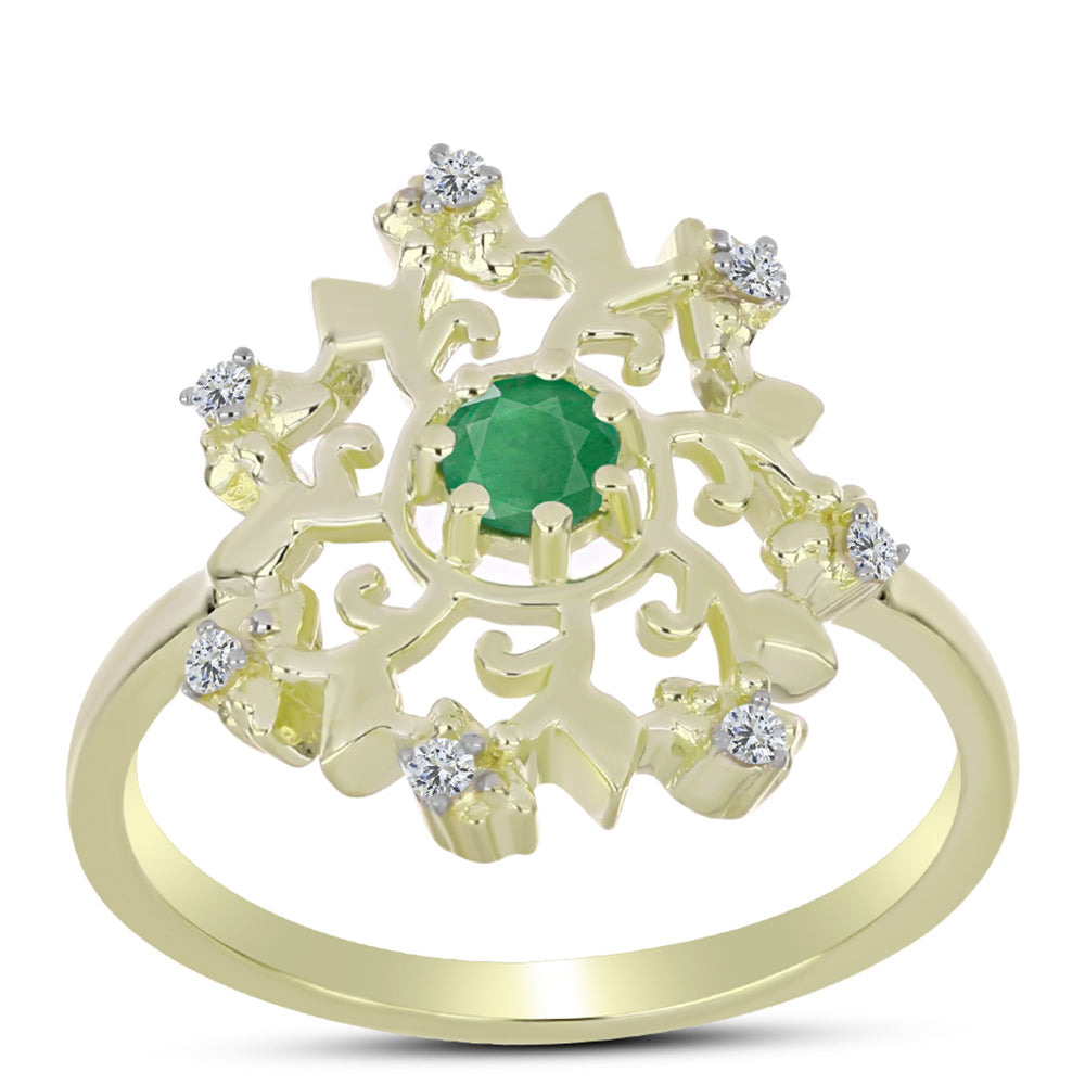 Anillo de Plata Bañada en Oro con Esmeralda de Brasil y Topacio Blanco