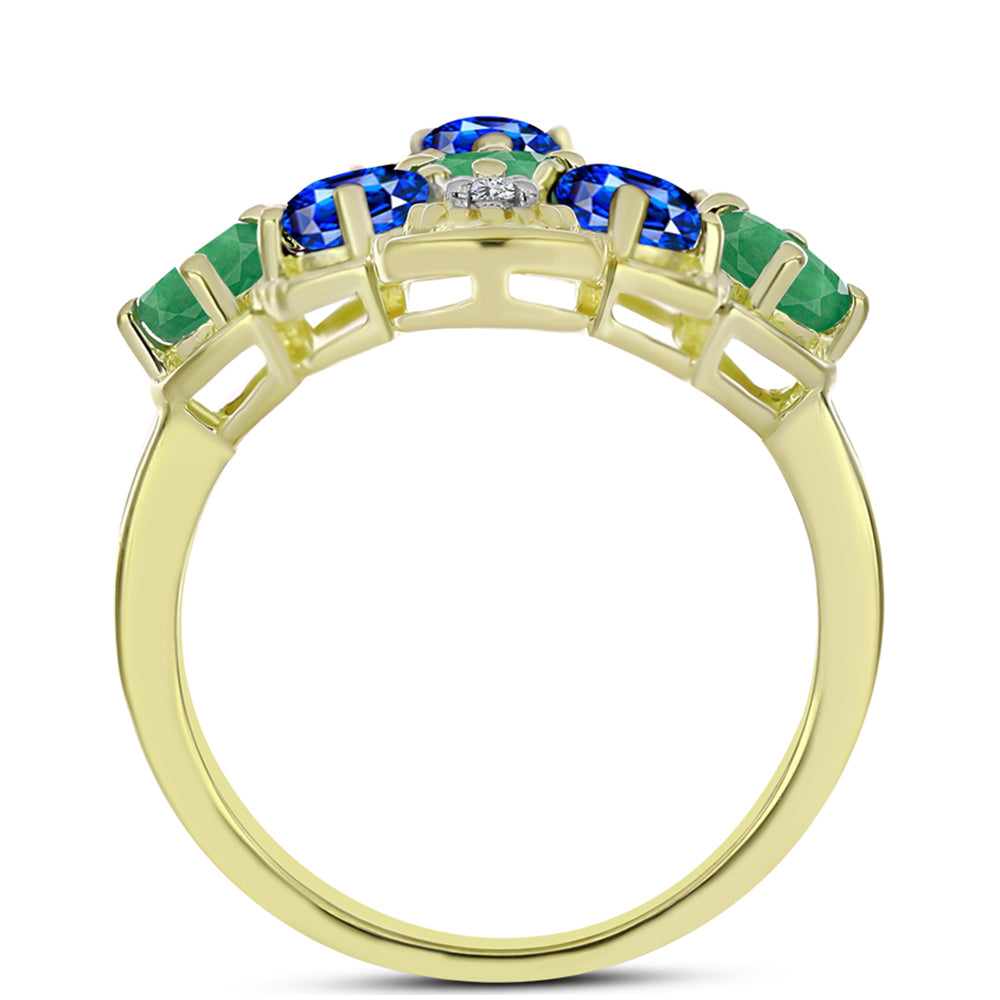 Anillo de Plata Bañada en Oro con Esmeralda de Brasil y Zafiro Azul Australiano