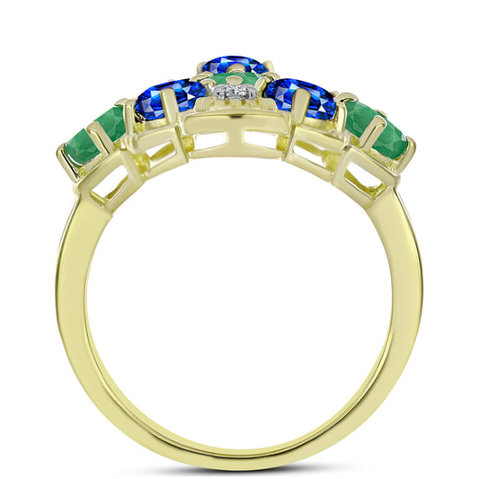 Anillo de Plata Bañada en Oro con Esmeralda de Brasil y Zafiro Azul Australiano
