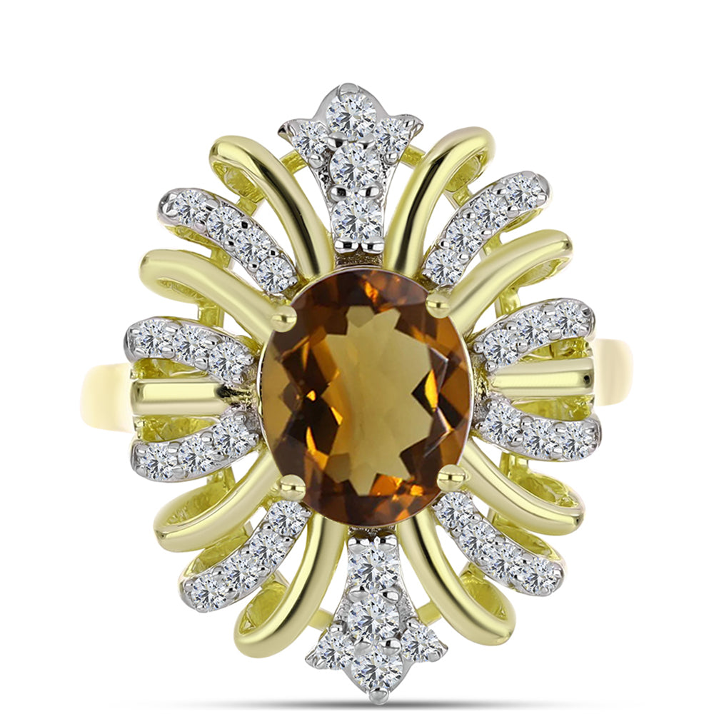 Anillo de Plata Bañada en Oro con Cuarzo Coñac y Topacio Blanco