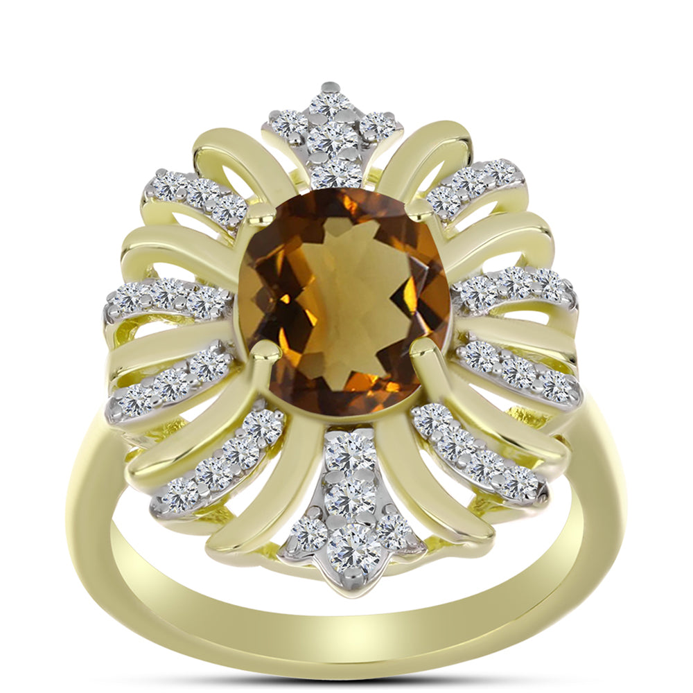 Anillo de Plata Bañada en Oro con Cuarzo Coñac y Topacio Blanco 3 