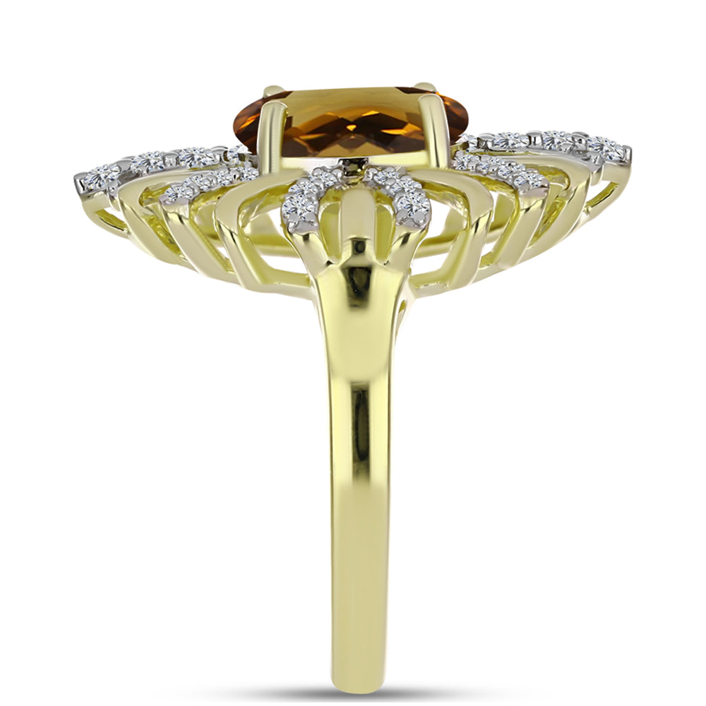 Anillo de Plata Bañada en Oro con Cuarzo Coñac y Topacio Blanco 4 