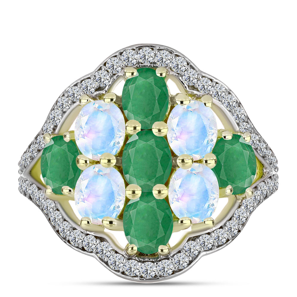 Anillo de Plata Bañada en Oro con Esmeralda de Brasil y Piedra Lunar Arco Iris