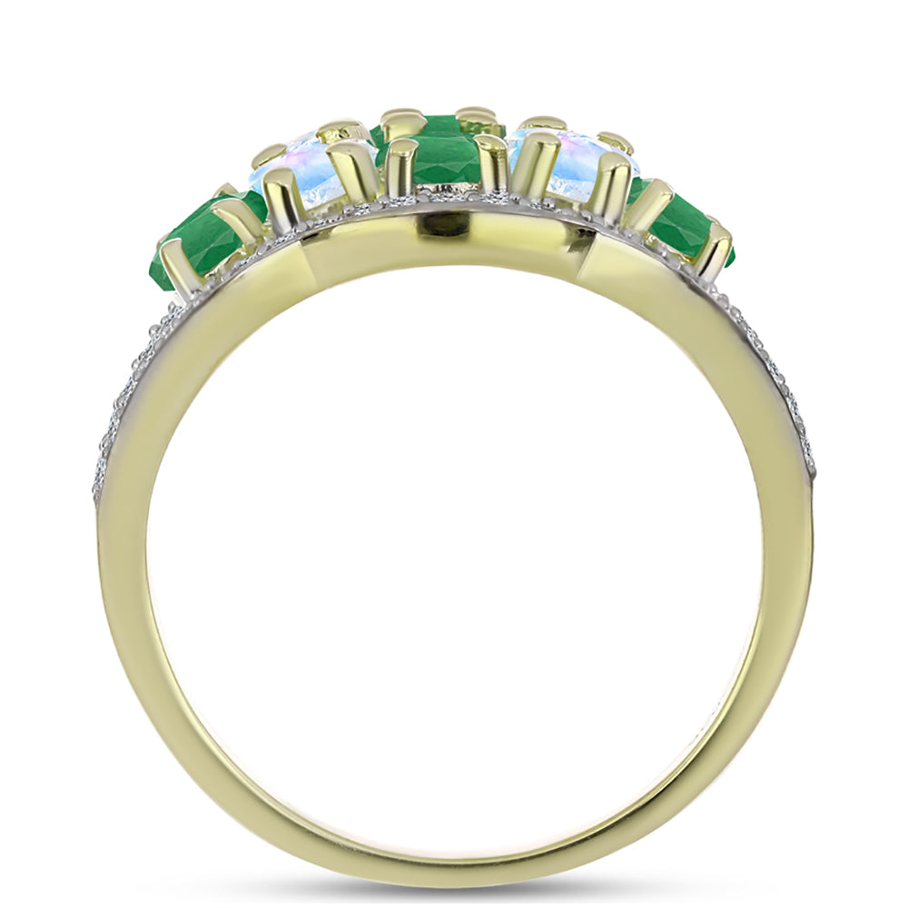 Anillo de Plata Bañada en Oro con Esmeralda de Brasil y Piedra Lunar Arco Iris 2 