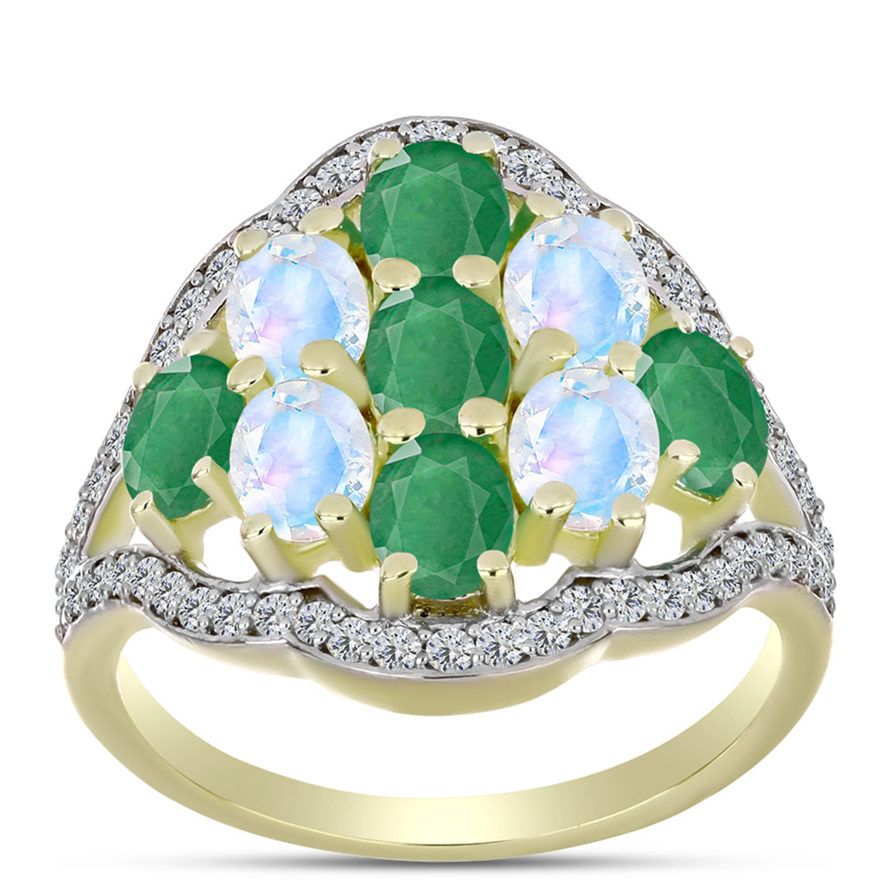 Anillo de Plata Bañada en Oro con Esmeralda de Brasil y Piedra Lunar Arco Iris 3 