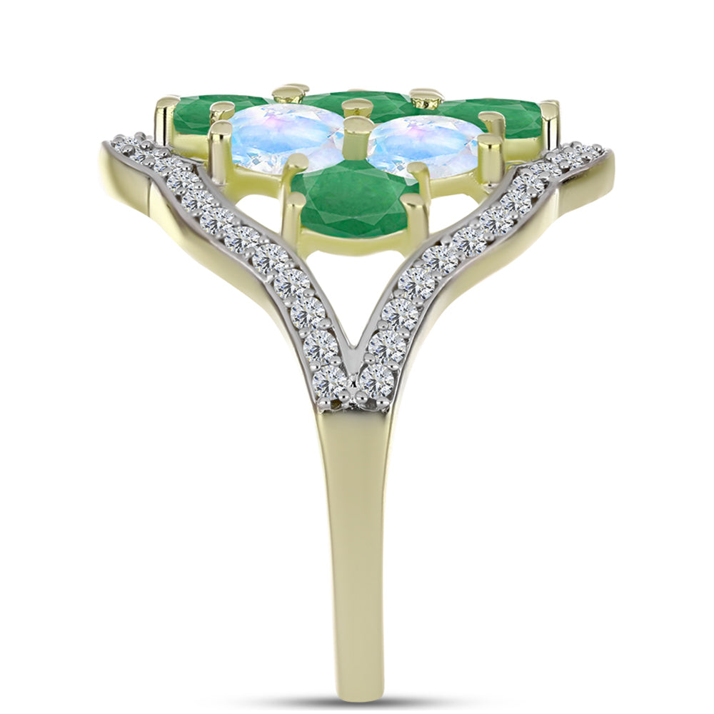 Anillo de Plata Bañada en Oro con Esmeralda de Brasil y Piedra Lunar Arco Iris 4 