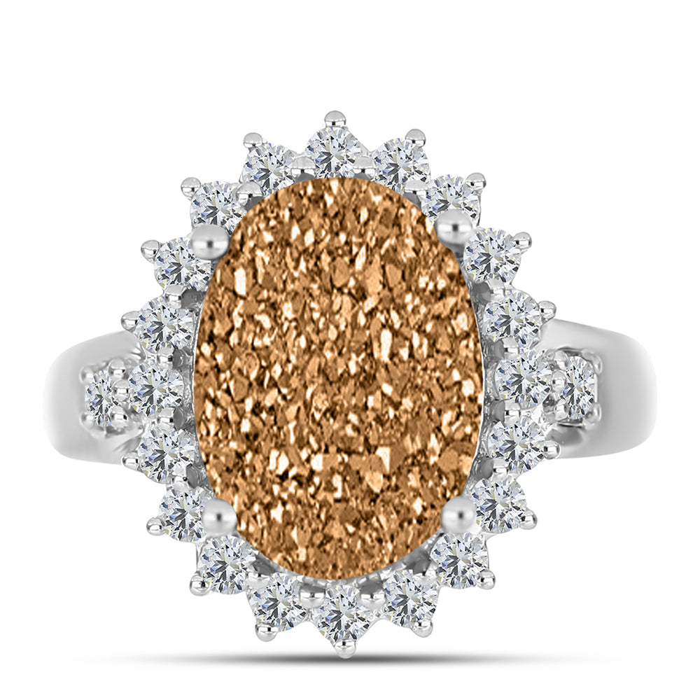 Anillo de Plata con Drusa Dorada y Topacio Blanco